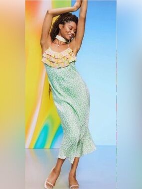 Rixo white Maxi Sundress w/Green animal print & pink orange ruffle top SizeLarge
